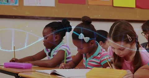 Students writing at desks with dna helix overlay in classroom
