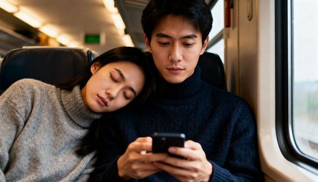 Couple traveling by train leaning on shoulder while partner scrolling smartphone
