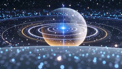 Futuristic Scifi Planet with Pulsing Rings and Floating Particles