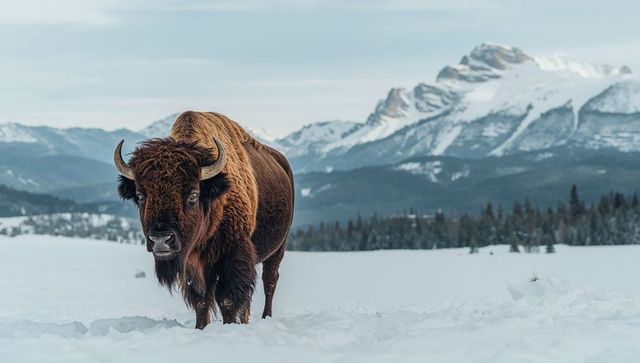 Majestic American Bison Standing on Snowfield with Snow-Capped Mountain Range Backdrop