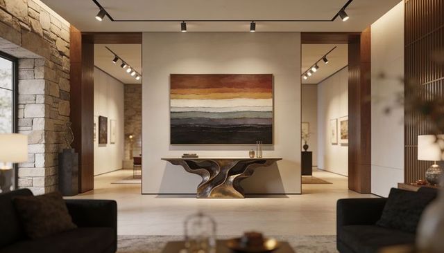 Symmetrical contemporary living room with sculptural metal console and layered abstract painting