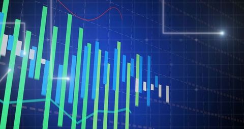 Futuristic Financial Dashboard Showing Neon Candlestick Chart with Glowing Vertical Bars