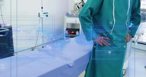 Surgeon Preparing Operating Room with Digital Interface Overlay for Surgical Technology