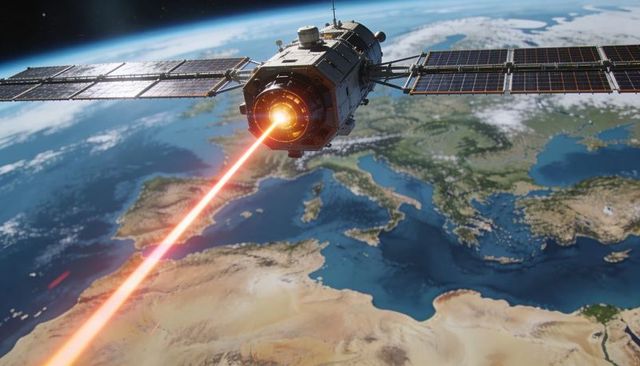 Orbital laser satellite emitting red-orange beam over mediterranean earth view from space