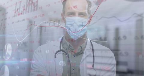 Physician wearing mask and stethoscope monitoring medical data trends with graph overlay
