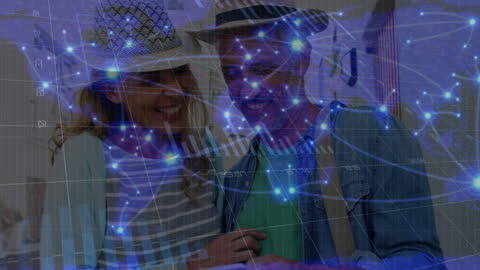 Couple Analyzing Global Data with Futuristic Overlay