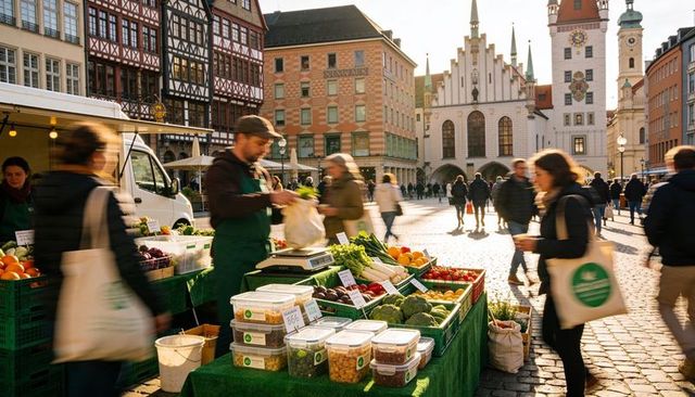 Market vendor weighing fresh produce while serving shoppers at historic european square