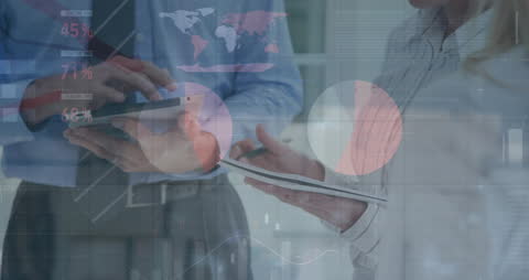 Corporate Team Analyzing Financial Data on Tablets Overlay