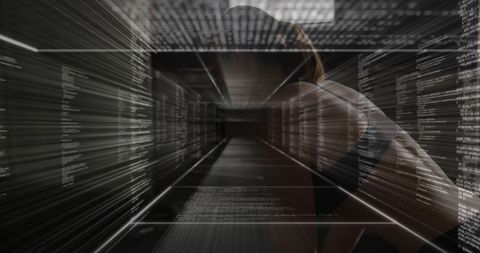 Leaning Athlete Blending into Neon Data Tunnel with Code Overlays for Cyber Fitness