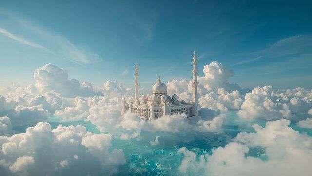 Ethereal mosque floating among clouds above turquoise waters