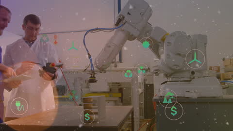Two male scientists in lab coats, observing a robotic arm, emphasized by superimposed ecology-related icons. This contrasts and combines sustainable development with modern industrial innovation. Useful for illustrating advancements in eco-technology, digital interface applications, and sustainability-focused engineering solutions.