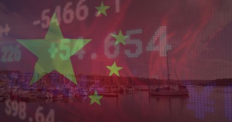 Financial Data Overlay in Marina with Chinese Flag Elements