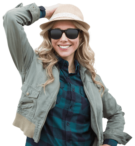 Cheerful Woman in Sunglasses with Hat on Transparent Background