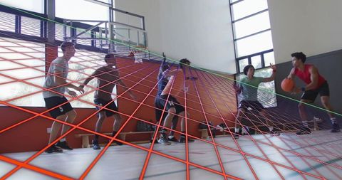 Dynamic basketball game with augmented reality grid in gym