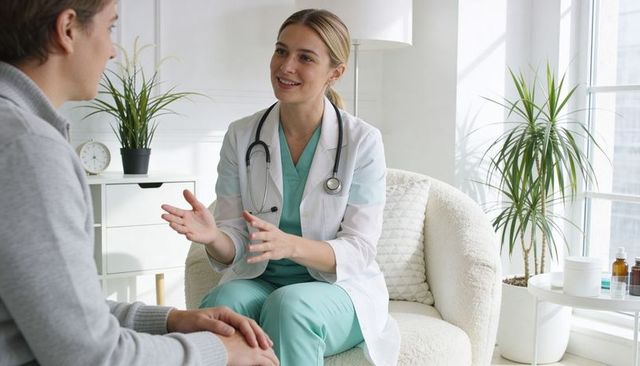 Female clinician consulting patient in bright clinic wearing teal scrubs and lab coat