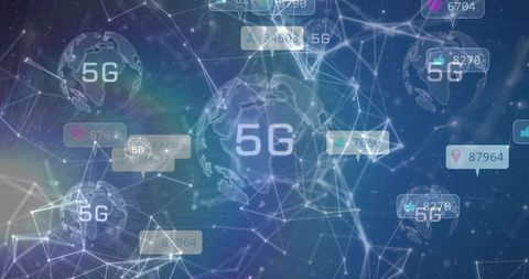5G Global Network Hologram Connecting Virtual Globes, Data Tags, Futuristic Mesh