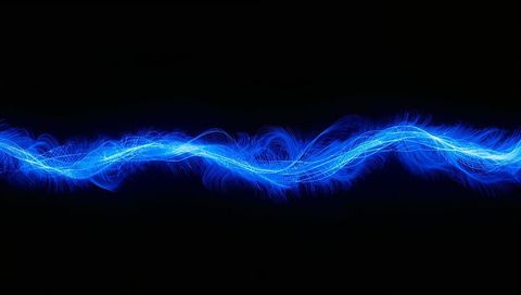 Pulsing neon blue energy waveflow crossing black space with glowing filaments