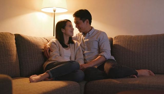Asian couple cuddling on cozy sofa under warm lamp light, intimate relaxed evening at home