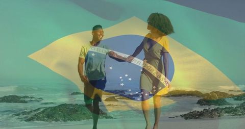 Couple on Beach with Brazilian Flag Overlay, Embracing Adventure