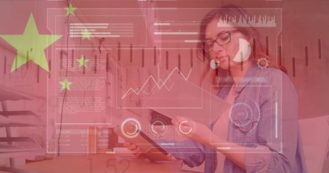 Caucasian Businesswoman Analyzing Data with Chinese Flag Overlay