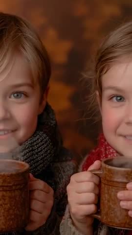 Siblings cradling steaming mugs and smiling in cozy vertical autumn portrait