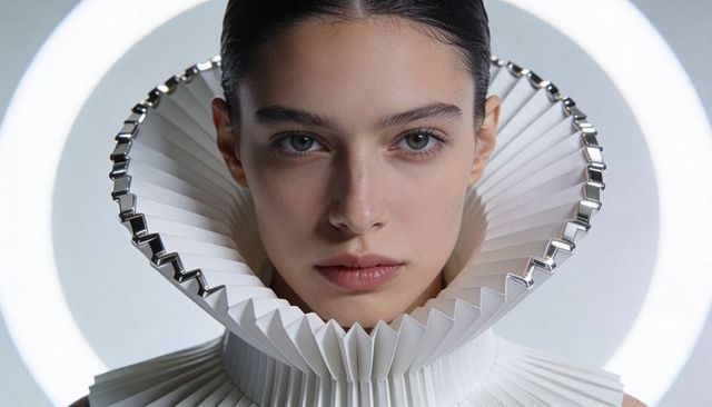 Model wearing sculptural white pleated ruff collar with metallic trim and halo lighting