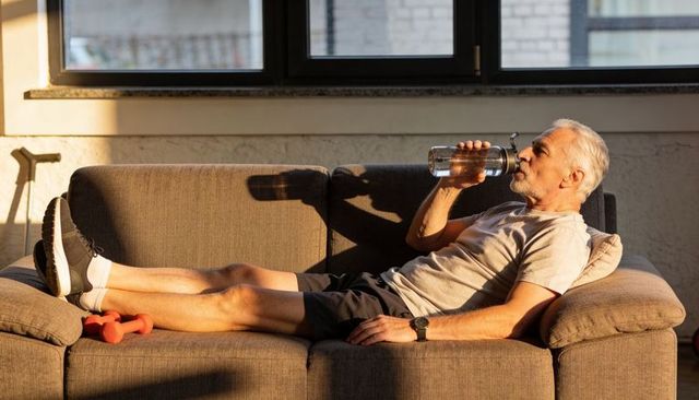 Senior man relaxing on sofa after home workout, drinking water during golden hour