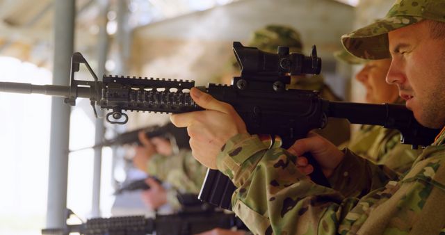 Military Personnel Aiming Rifles During Combat Training - Download Free Stock Images Pikwizard.com