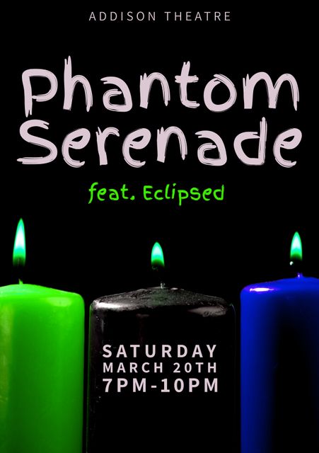 Halloween concert poster featuring colored candles against a dark background with gothic text promoting a night event. Ideal for marketing music events, Halloween parties, and spooky themed concerts.