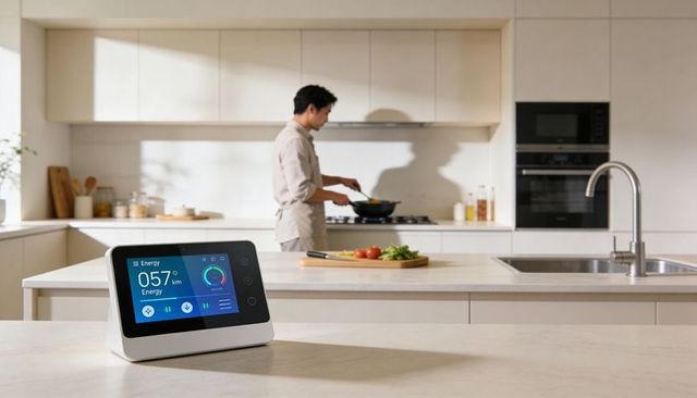 Smart energy display showing consumption on kitchen island while man cooking in modern kitchen