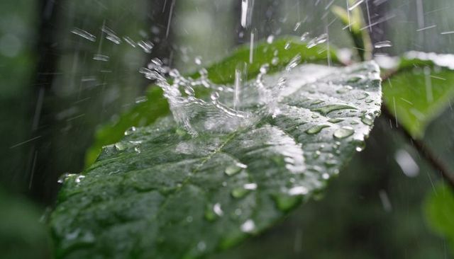 Rain splashing on glossy green leaf macro, water droplets flying, vertical nature closeup