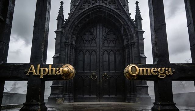 Brass alpha omega emblems guarding gothic cathedral gate, moody rain and mist