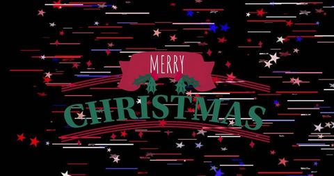 Merry christmas ribbon typography with kinetic star stream and holly accent