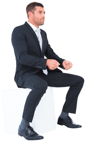 Focused Businessman Sitting with Gestures on Transparent Background