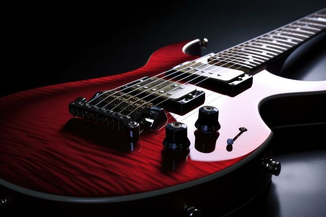 Image shows a close-up of a red electric guitar with a glossy finish displayed against a black background. Perfect for use in music-related publications, advertising for music stores, promoting guitar lessons, or any content targeting musicians and music enthusiasts.