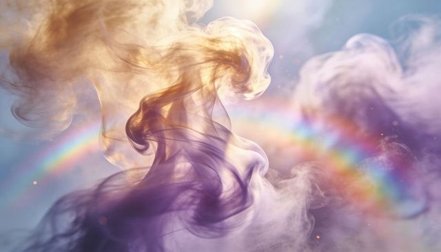 Ethereal rainbow smoke ribbons floating through dreamlike sky with soft glowing haze