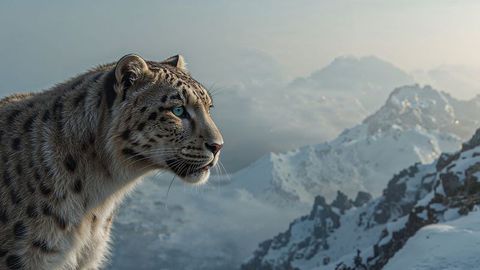 Majestic snow leopard on snowy mountain ridge