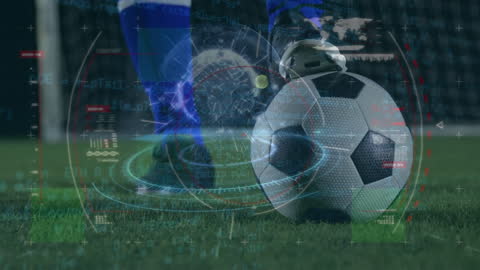 Technology Overlay on Soccer Field with Player Kicking Ball