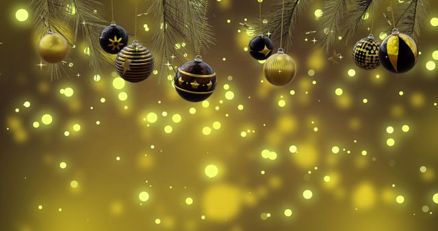 Golden Christmas Ornaments on Pine Branch with Bokeh Lights - Download Free Stock Images Pikwizard.com