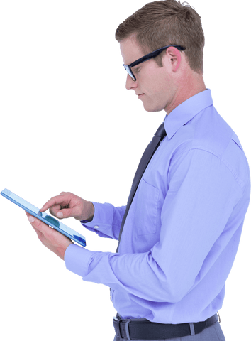 Businessman with Glasses Using Tablet Side View Transparent Background - Download Free Stock Videos Pikwizard.com
