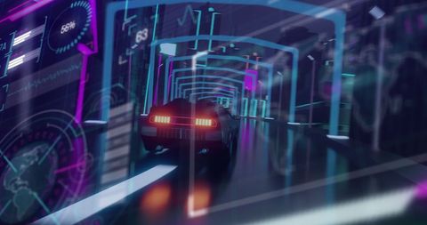 Futuristic Car in Neon City with Digital Interface Overlay - Download Free Stock Images Pikwizard.com