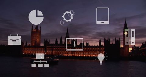Business Icons Overlaying London Skyline at Dusk