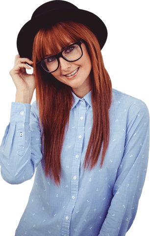 Smiling Hipster Woman with Red Hair and Glasses on Transparent Background
