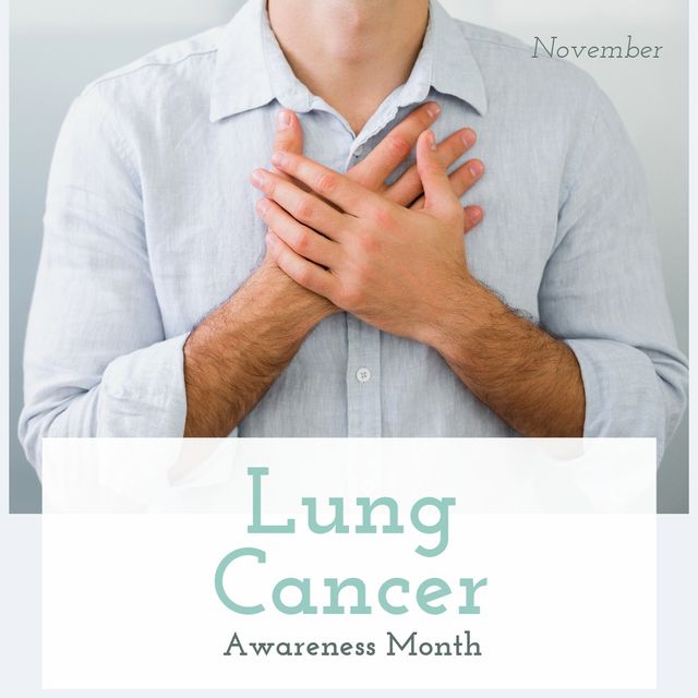 This poster is ideal for promoting Lung Cancer Awareness Month in educational and healthcare settings. The image of a man crossing his hands over his chest communicates the seriousness of the disease, making it powerful for awareness campaigns. It can be used by healthcare organizations, community groups, educational programs, and social media campaigns to spread information and encourage support.