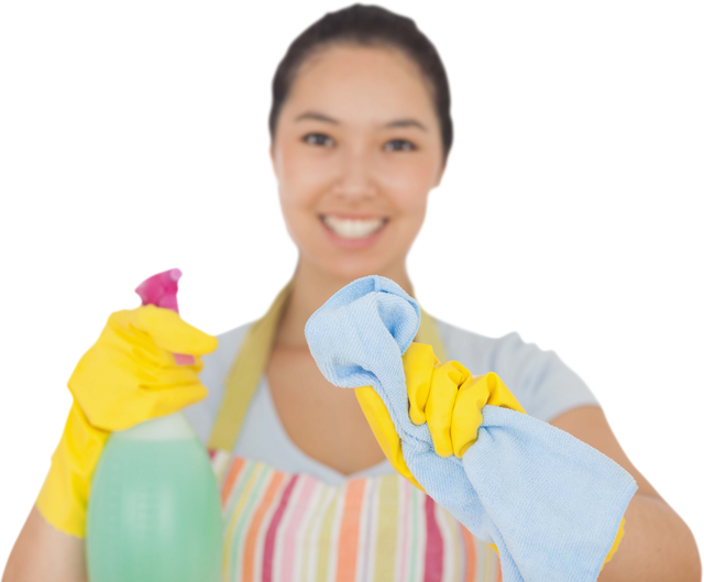 Smiling Woman Wearing Apron Cleaning with Spray Bottle and Cloth Transparent Background - Download Free Stock Videos Pikwizard.com