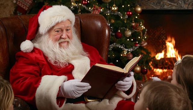 Santa Claus Reading Story in Cozy Holiday Living Room
