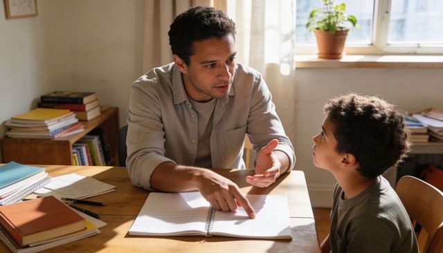 Father tutoring son pointing to notebook on sunlit wooden desk, explaining homework, encouraging