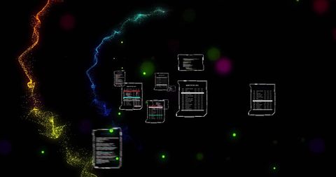 Digital interfaces with colorful light trails representing data processing