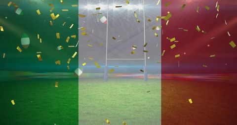 Italian flag with confetti over rugby stadium
