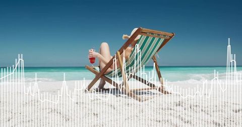 Relaxing on tropical beach with cocktail and white line graph overlay for marketing